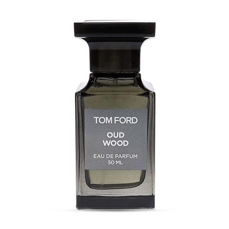 Black Tom Ford Oud Wood perfume bottle standing upright.