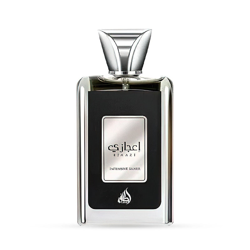 Elegant perfume bottle of Ejaazi by Al Haramain, showcasing a sleek design with a metallic label and sophisticated cap.