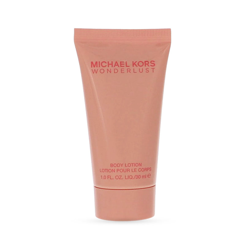 Michael Kors Wonderlust body lotion, 30 ml tube, peach color packaging.