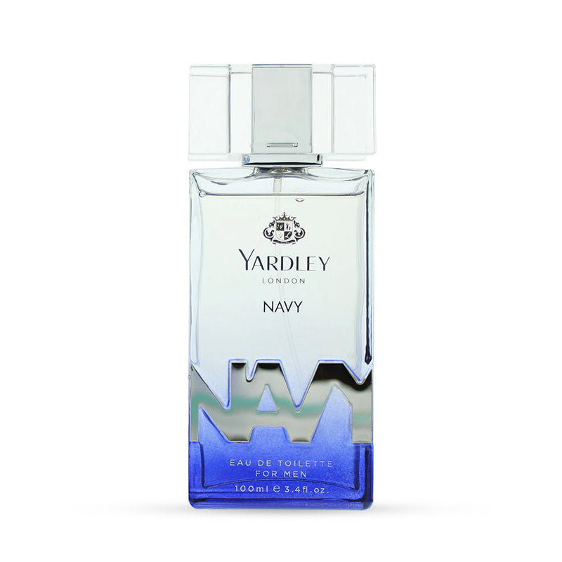 Yardley London Navy eau de toilette for men, 100ml bottle with blue gradient design and elegant packaging.
