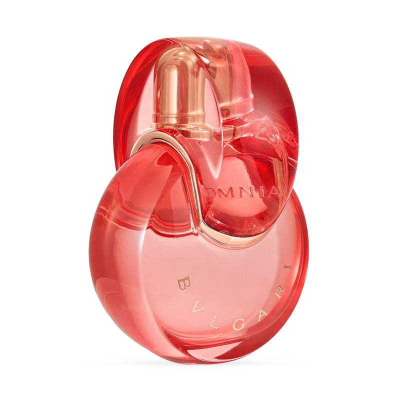 Red Bulgari Omnia Coral perfume bottle with elegant design.
