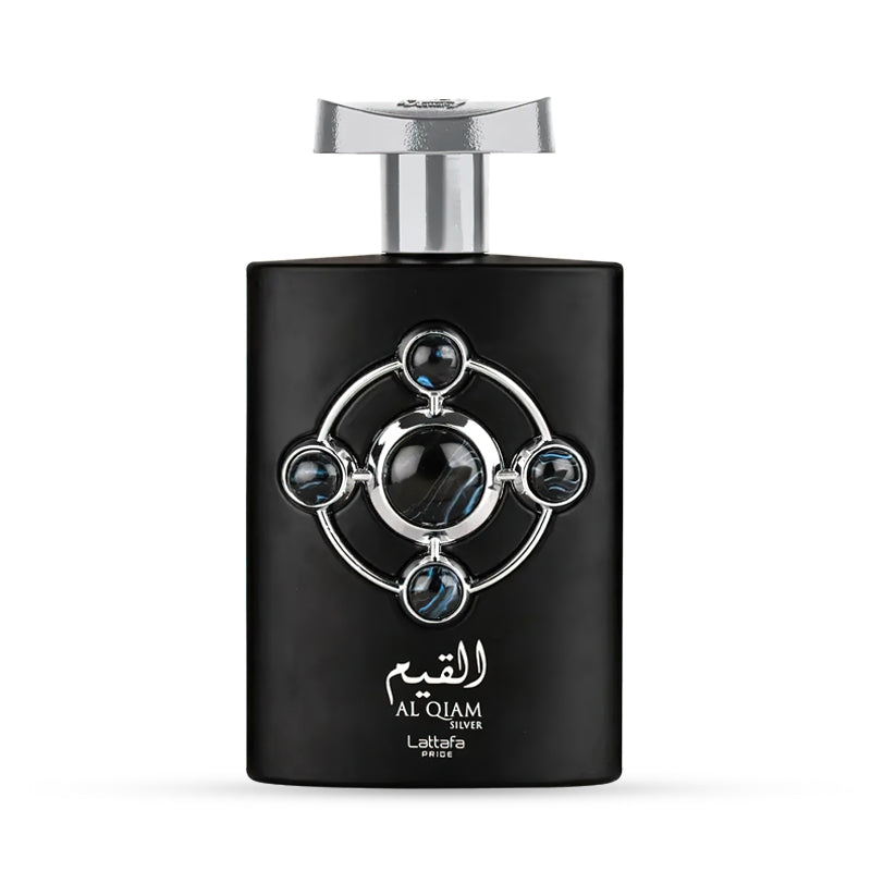 Black perfume bottle with geometric silver design and metallic cap against a white background.
