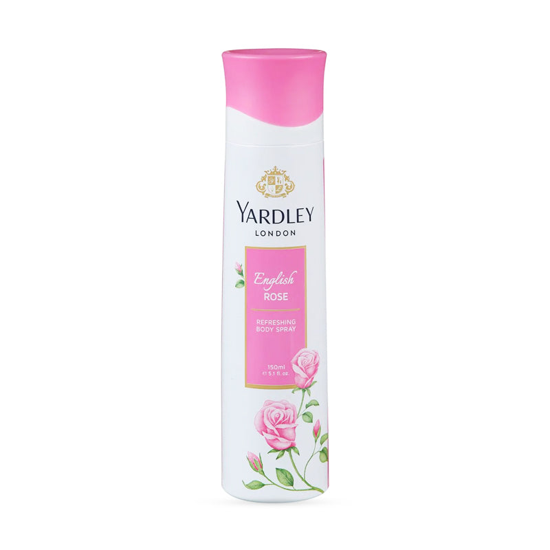 Yardley London English Rose refreshing body spray bottle with pink cap and rose design.