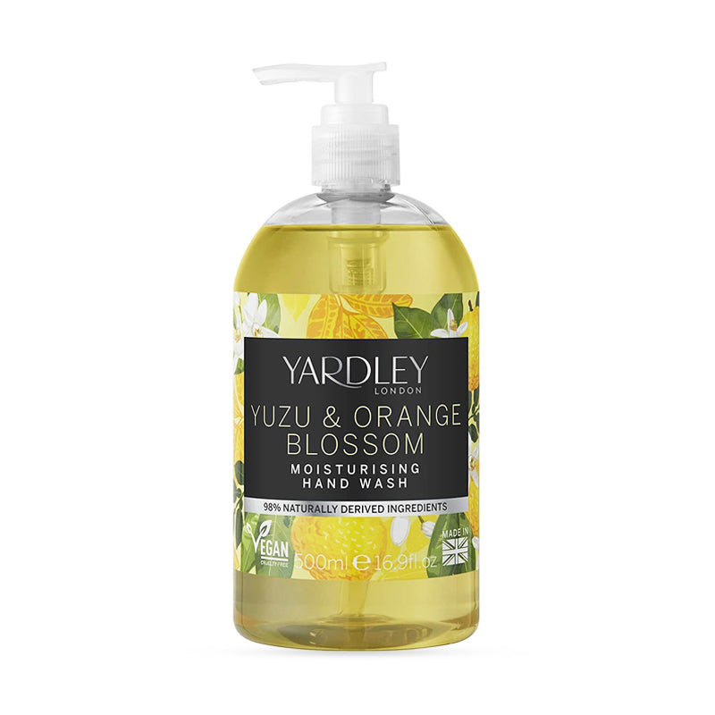 Yardley London Yuzu and Orange Blossom Moisturising Hand Wash 500ml bottle with pump dispenser, featuring floral design, vegan friendly and made in the UK.