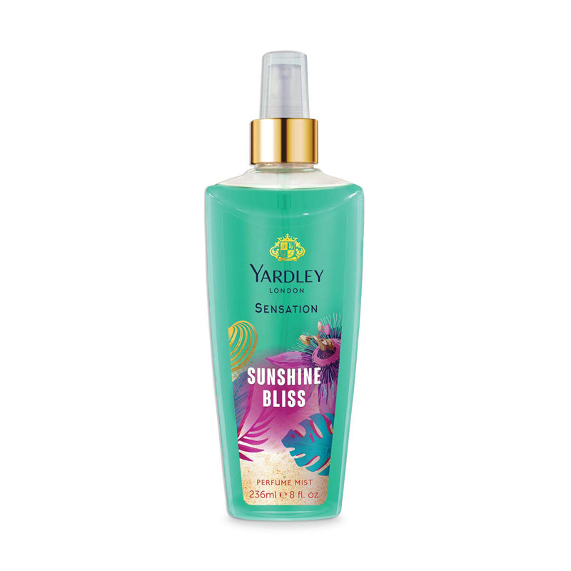 Yardley London Sensation Sunshine Bliss perfume mist, 236ml green bottle with floral design.