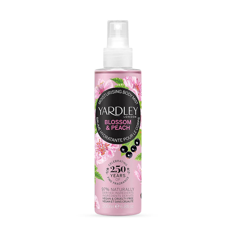Yardley London Blossom & Peach moisturizing body mist bottle with floral design, 250ml size, featuring pink blossoms and green leaves, celebrating 250 years of fine fragrance.