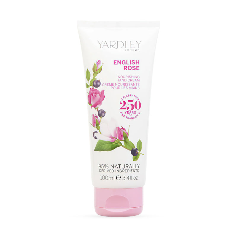 Yardley London English Rose nourishing hand cream, 100ml tube with floral design, celebrates 250 years of fine fragrance, contains 95% naturally derived ingredients.