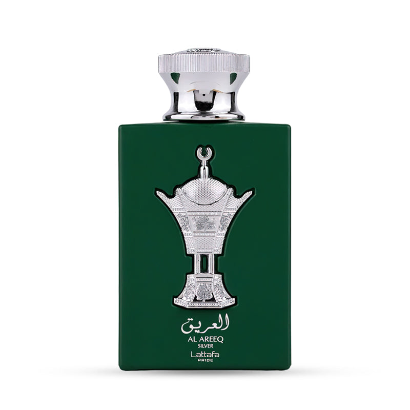 Green perfume bottle with silver cap and ornate design.