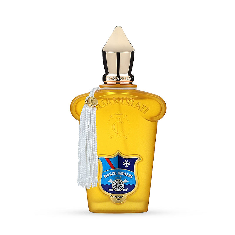 Luxury Casamorati Dolce Amalfi perfume bottle with gold cap and decorative tassel.
