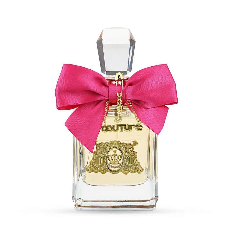 Juicy Couture perfume bottle with a pink bow and gold label.