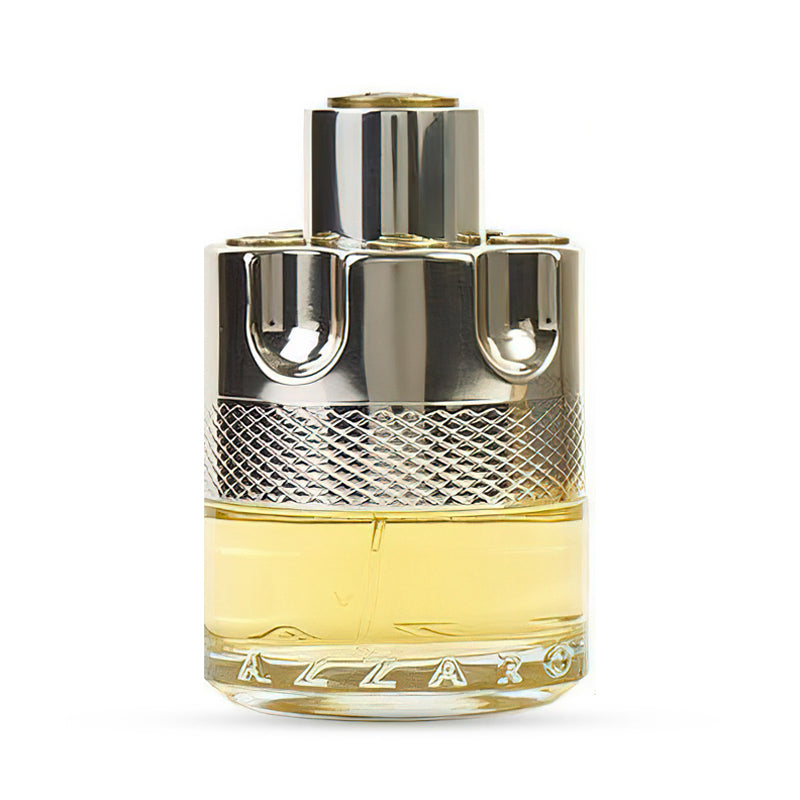 Luxury Azzaro perfume bottle with sleek silver and glass design.