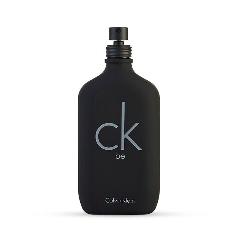 Black Calvin Klein CK Be perfume bottle with open cap.
