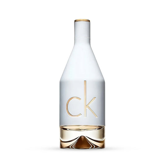 Clear glass bottle with "ck" label and gold accents.