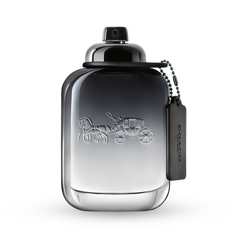 Luxurious Coach men's fragrance bottle with embossed horse and carriage design.