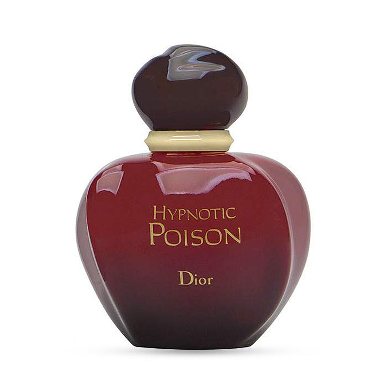 Dior Hypnotic Poison perfume bottle with dark red ombre glass and black cap.