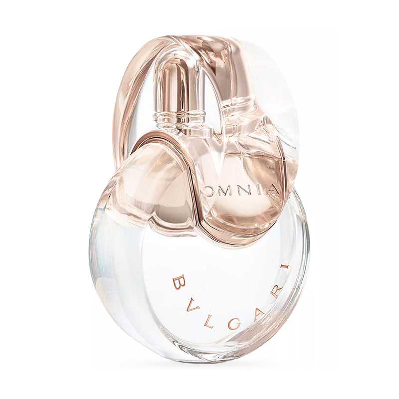 Bvlgari Omnia perfume bottle with unique circular design and gold accents.
