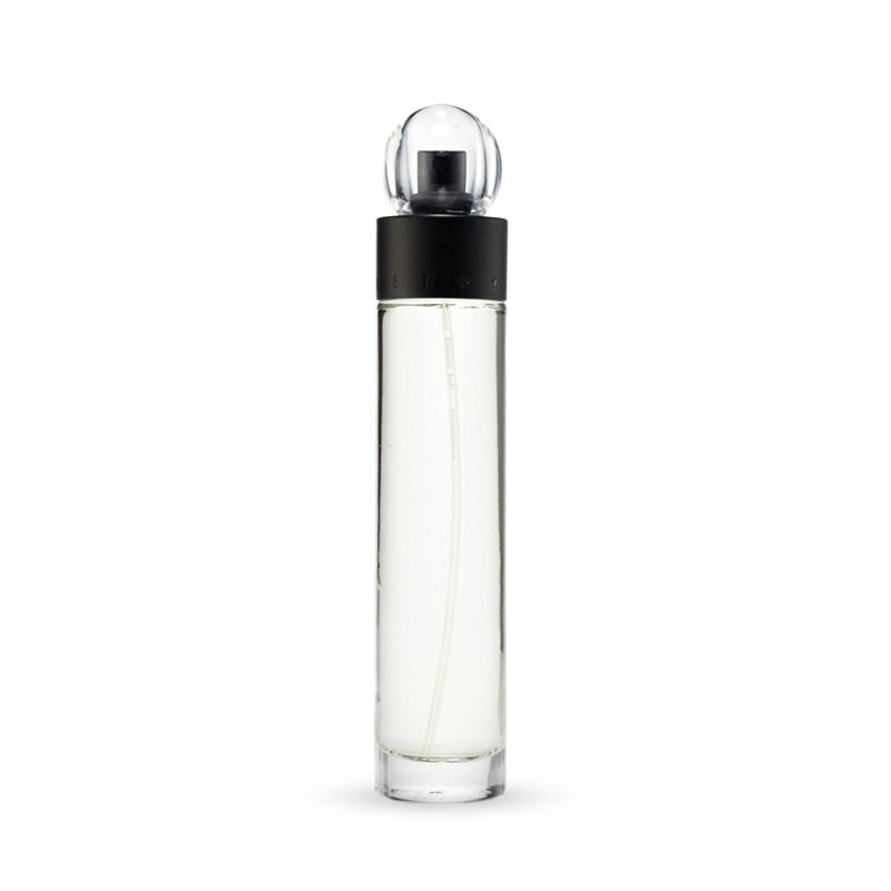 Clear glass perfume bottle with black cap on white background.