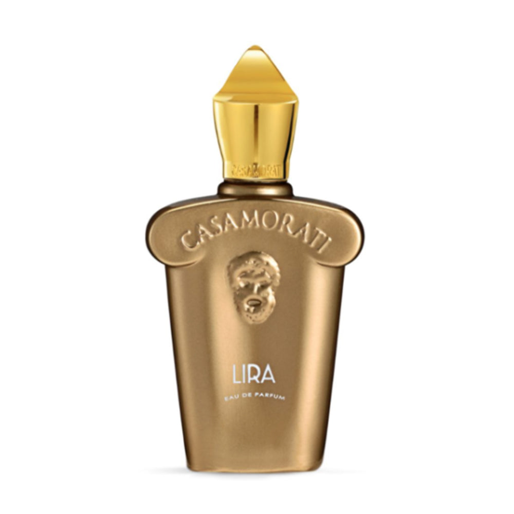 Casamorati Lira Eau de Parfum gold bottle with embossed logo and decorative lion design on the front.