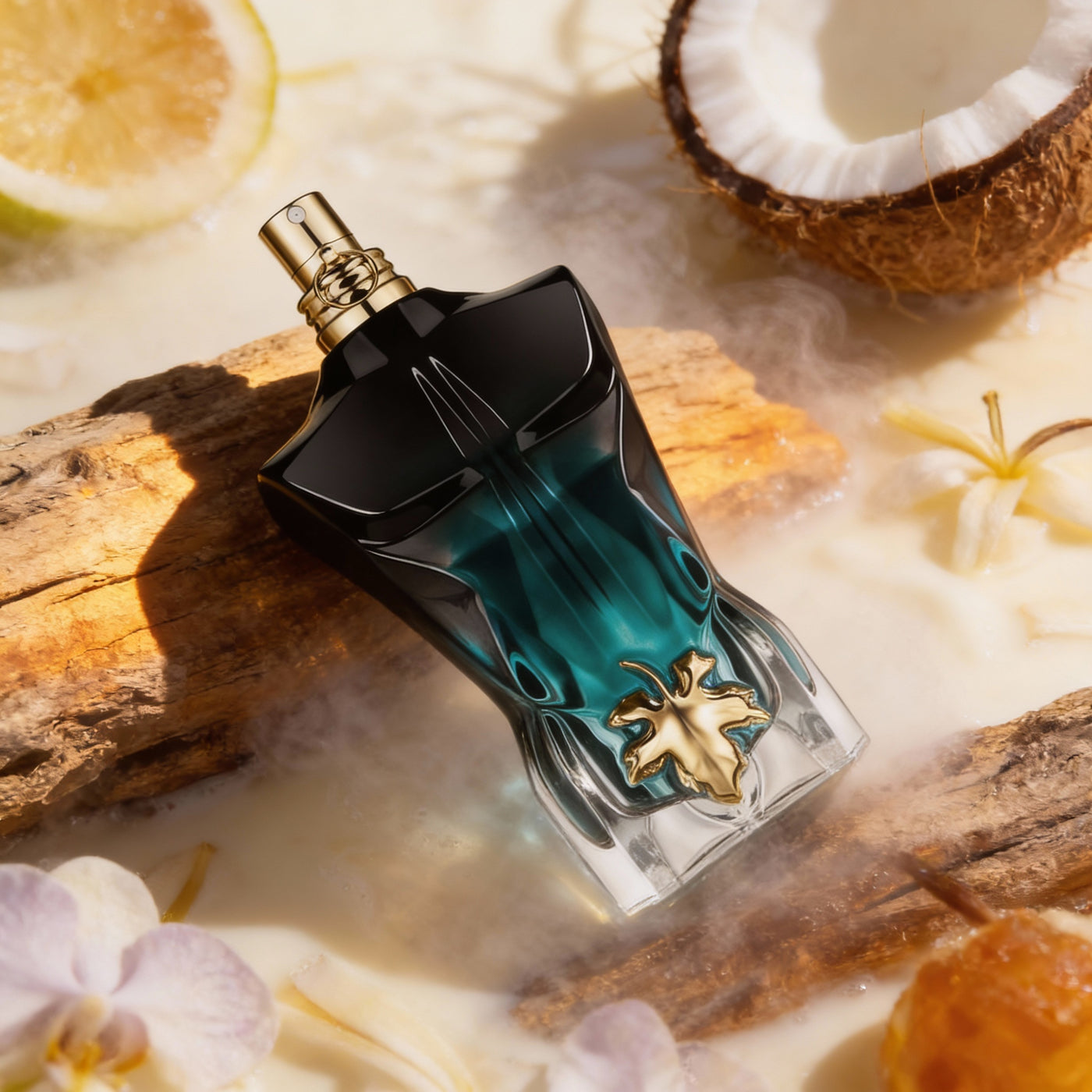 Jean Paul Gaultier Le Beau Le Parfum in a tropical fragrance scene