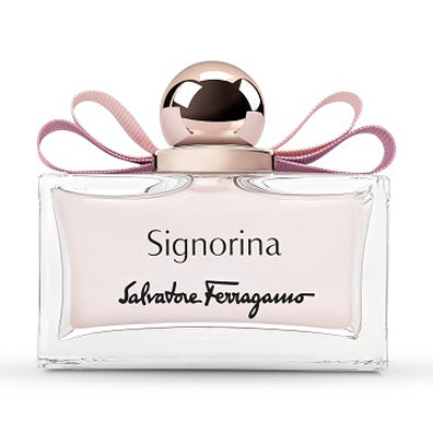 Salvatore Ferragamo Signorina perfume bottle with pink bow and gold cap.
