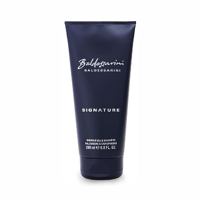 Baldessarini Signature shower gel and shampoo bottle, 200 ml, dark blue packaging.