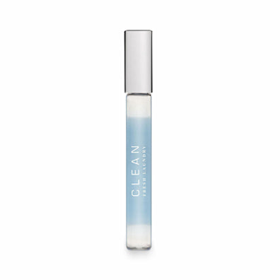 Clean perfume rollerball in blue glass bottle with silver cap, isolated on white background.