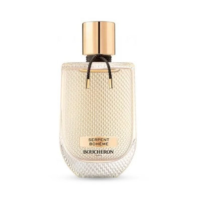 Boucheron Serpent Boheme perfume bottle with textured glass design and gold cap.