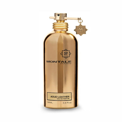 Montale Paris Aoud Leather Eau de Parfum gold bottle with logo and tag.