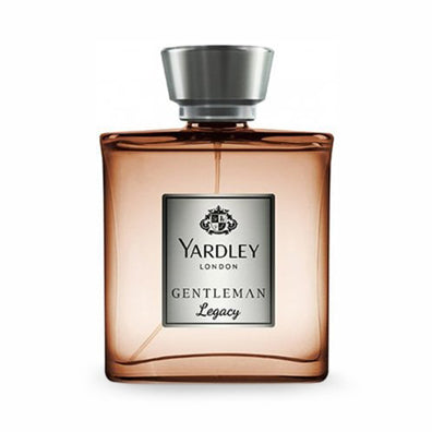 Yardley London Gentleman Legacy perfume bottle with silver cap and brown tinted glass.
