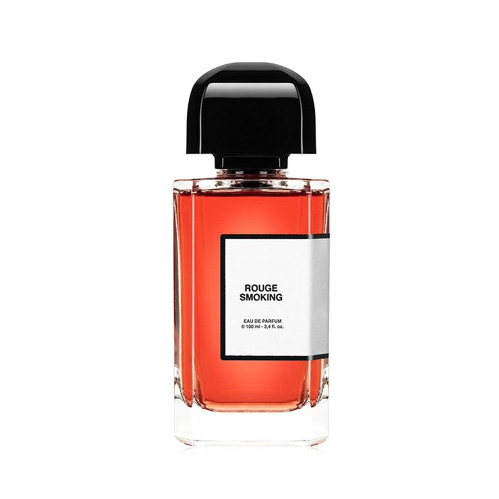 Bottle of Rouge Smoking Eau de Parfum with black cap and clear label on white background.