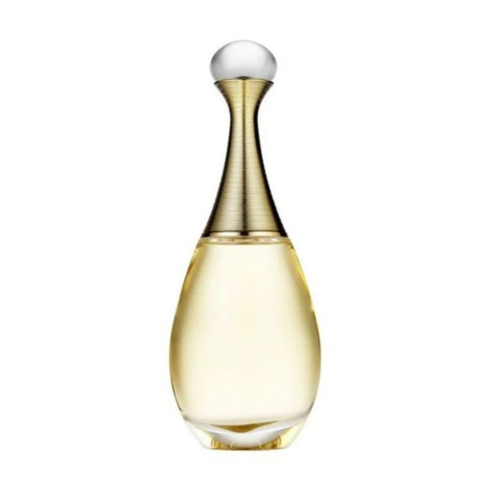 Elegant perfume bottle with gold cap and light amber liquid on a white background.