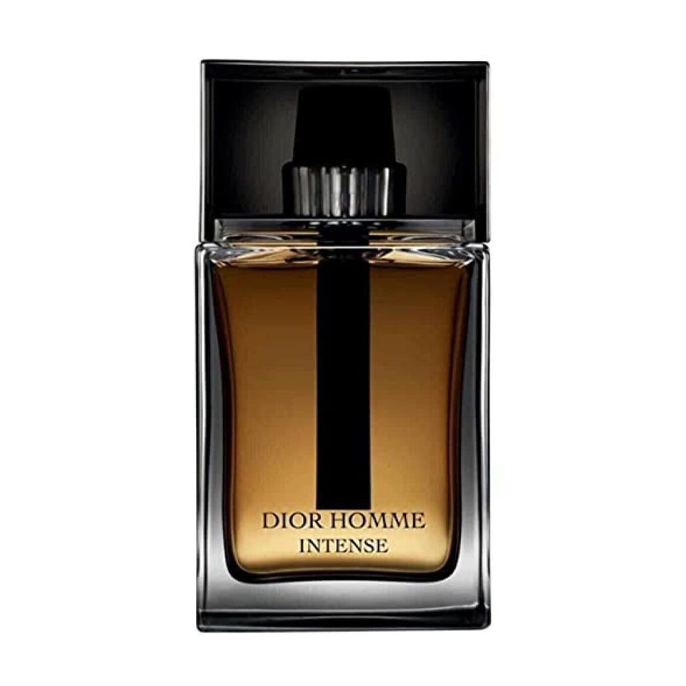 Elegant men's fragrance bottle with amber liquid and sleek black cap.