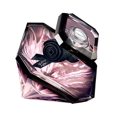 Elegant glass perfume bottle with floral design and decorative black ribbon.