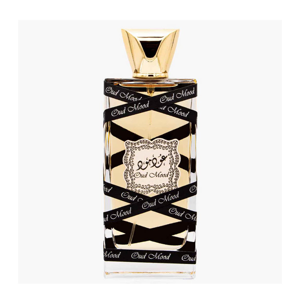 Gold and black Oud Mood perfume bottle with decorative label and cap.