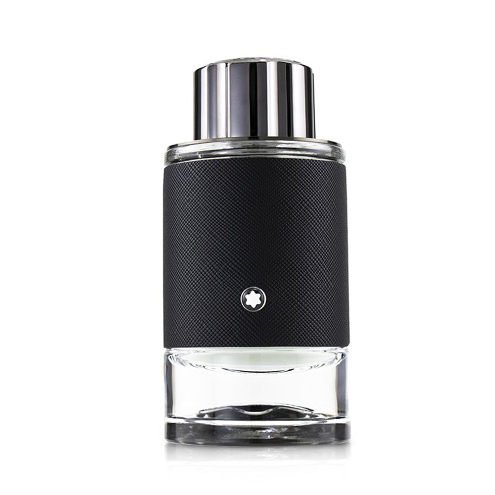 Glass bottle of Montblanc Explorer Eau de Parfum with black textured sleeve and silver cap.