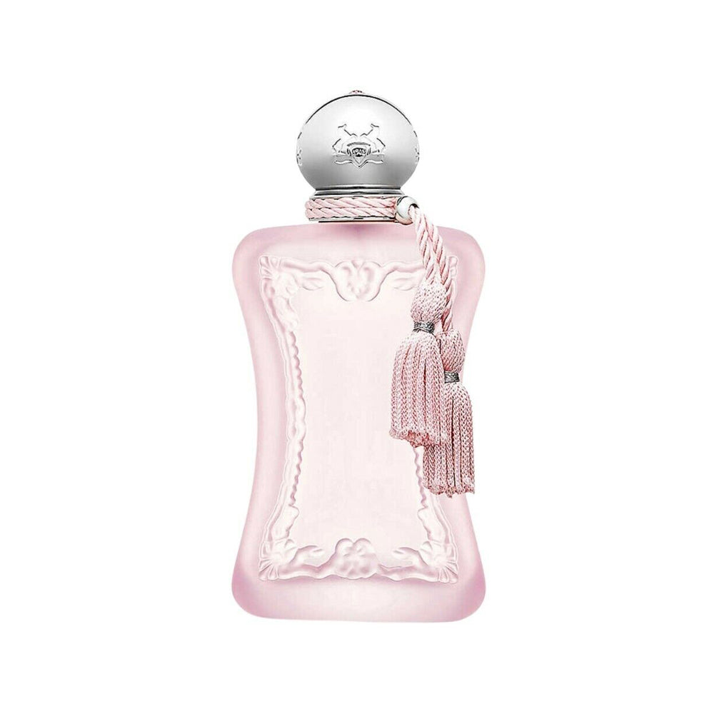 Elegant pink perfume bottle with decorative tassels and intricate embossed details.