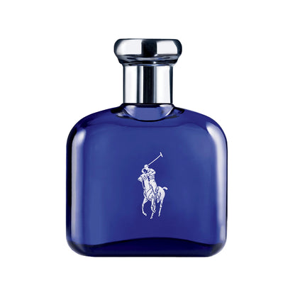 Blue glass cologne bottle with silver lid and horse logo design.