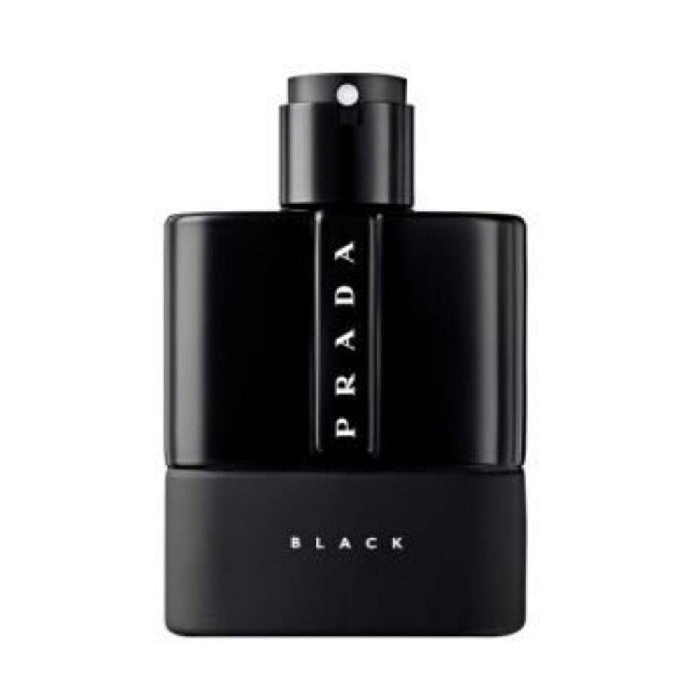 Black perfume bottle with minimalist design and brand name engraved vertically on the front.