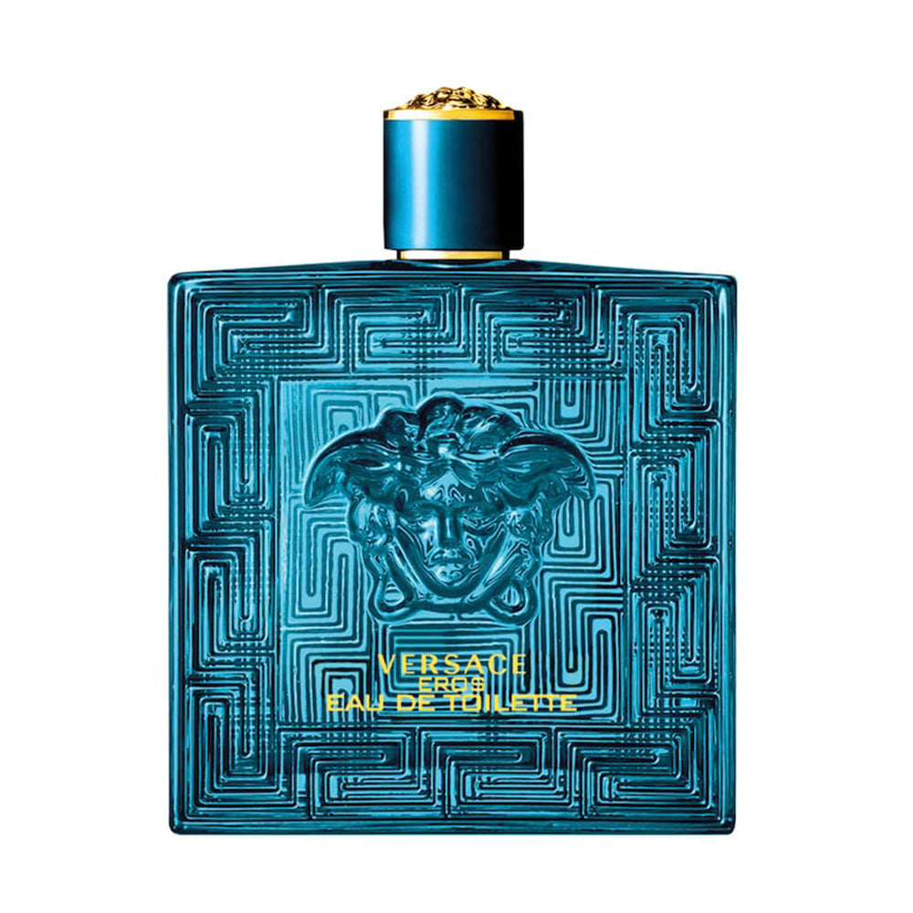 Teal bottle of Versace Eros Eau de Toilette for Men, featuring embossed design and a gold cap.