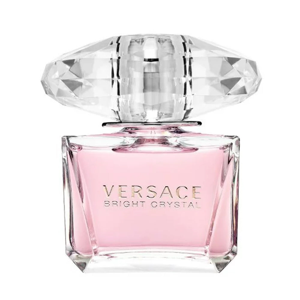 Versace Bright Crystal perfume bottle with pink fragrance and clear cap.