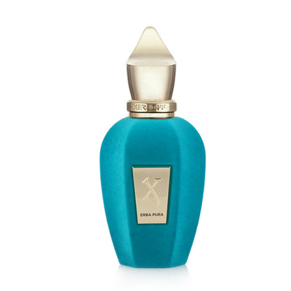 Blue and gold bottle of Xerjoff Erba Pura perfume with a gold cap.