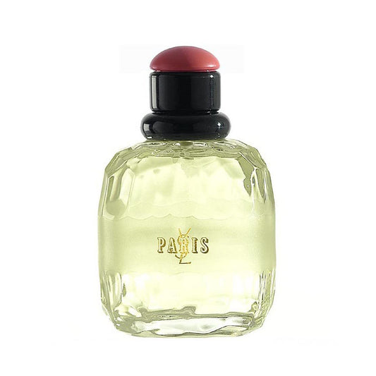 Clear glass perfume bottle labeled "Paris" with a red and black cap on a white background.