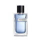 Luxury cologne bottle with a sleek design and blue-tinted fragrance liquid, featuring a black cap and a modern minimalist label.